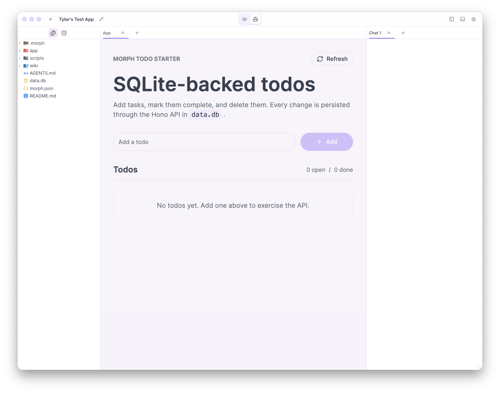 Morph desktop app showing a SQLite-backed todo workspace with file tree, app preview, and chat sidebar